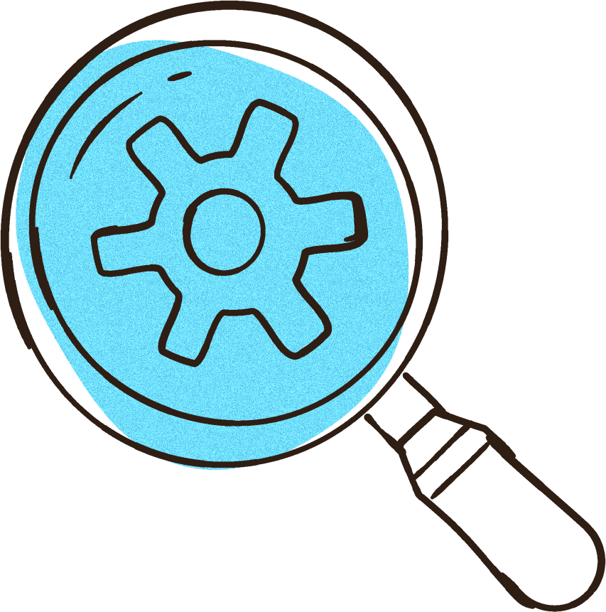 A magnifying glass held over a gear